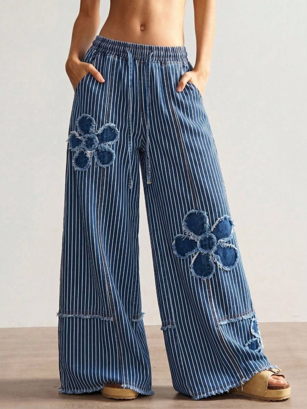 Blue And White Casual Women's Woven Denim Polka Dot Loose Wide Leg Long Pants - Picture 4 of 8